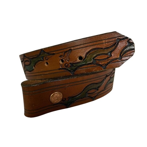 Men's Bird & Sky Tooled Brown Snap Leather Belt  Size M  Buckle not included - Picture 1 of 9